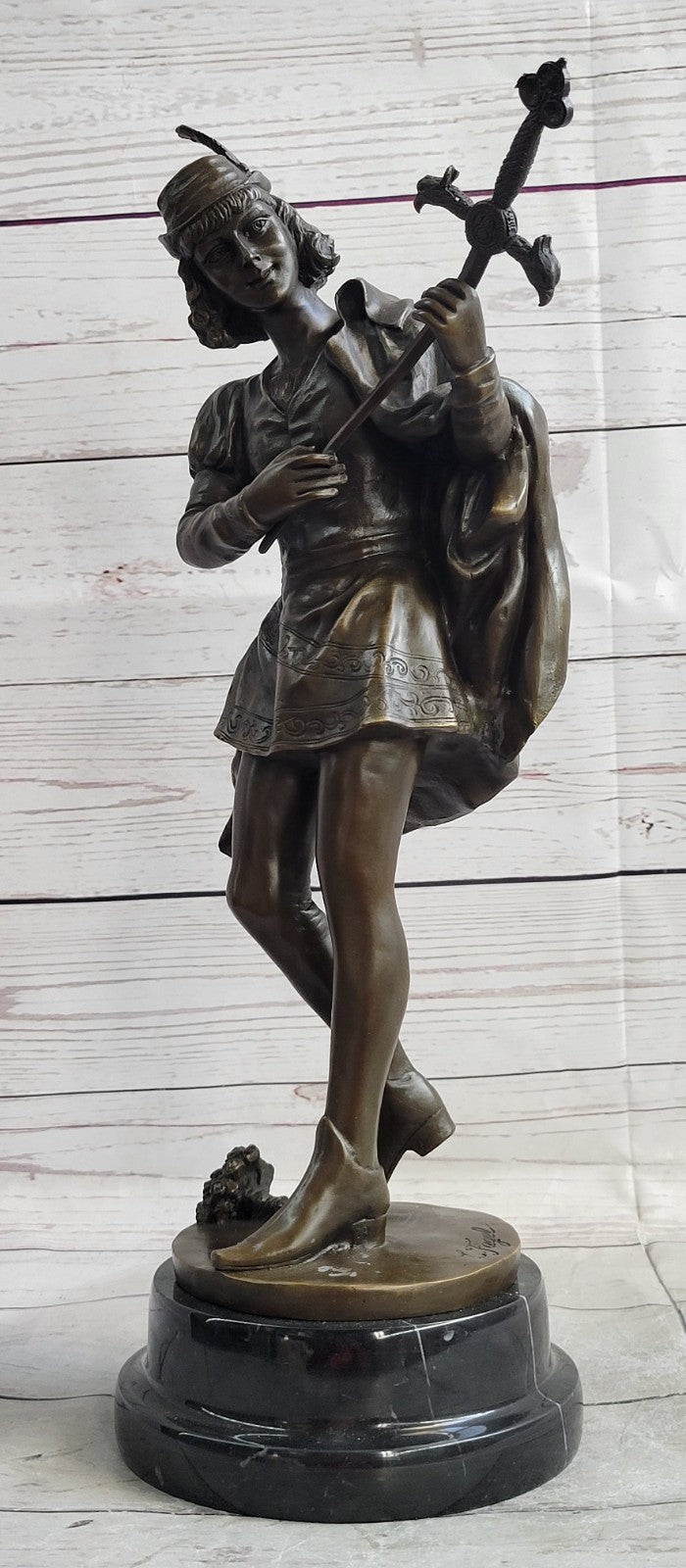 European Bronze Figure of a Minstrel by Leon Fagel, Warrior Statue with Sword