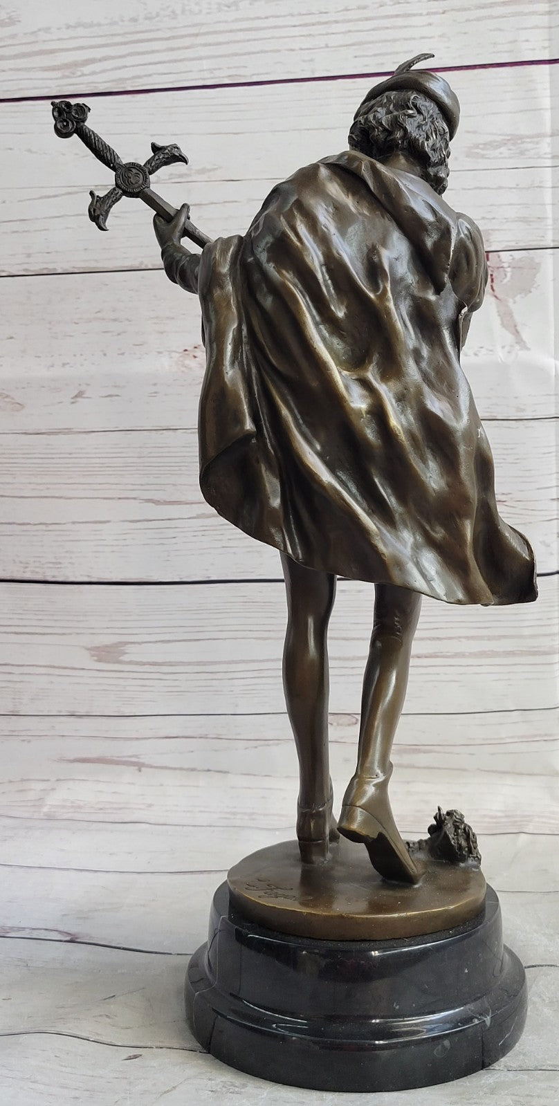 European Bronze Figure of a Minstrel by Leon Fagel, Warrior Statue with Sword