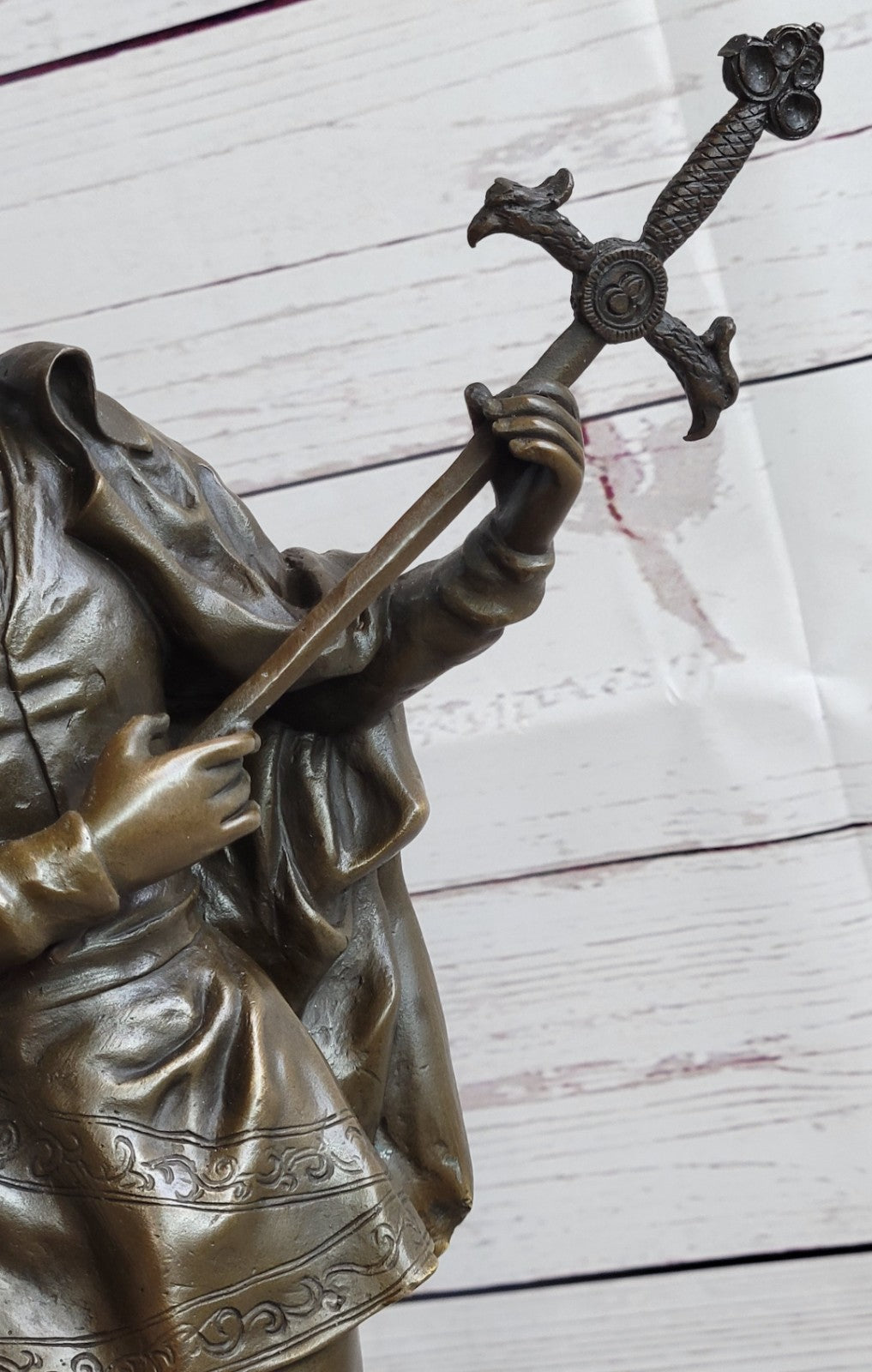 European Bronze Figure of a Minstrel by Leon Fagel, Warrior Statue with Sword