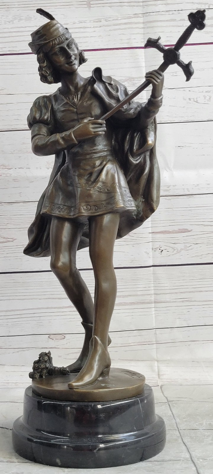European Bronze Figure of a Minstrel by Leon Fagel, Warrior Statue with Sword