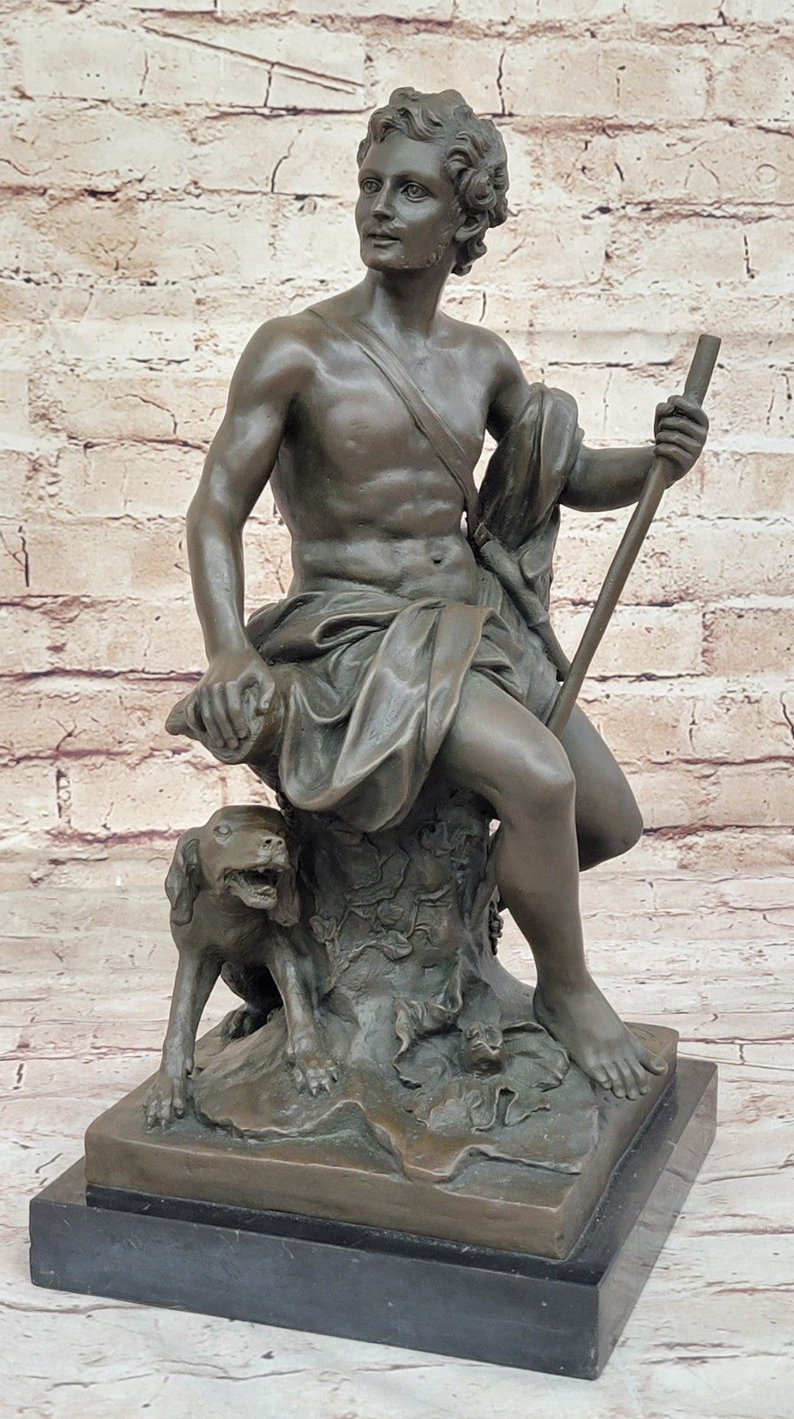 Vintage Classic Bronze Sculpture: Shepherd and Dog, Handcrafted Figurine