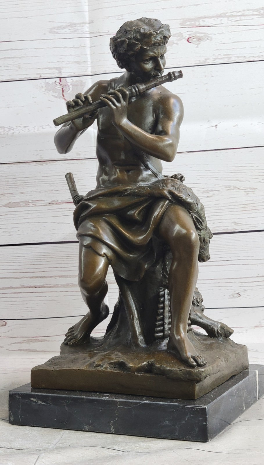 Genuine Bronze Statue - Shepherd and Satyr Boy Sculpture by Pan and Infant Faun