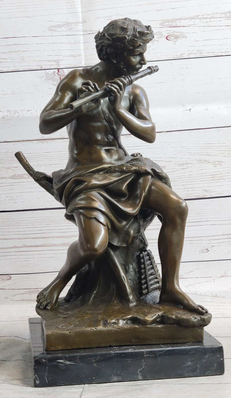 Genuine Bronze Statue - Shepherd and Satyr Boy Sculpture by Pan and Infant Faun
