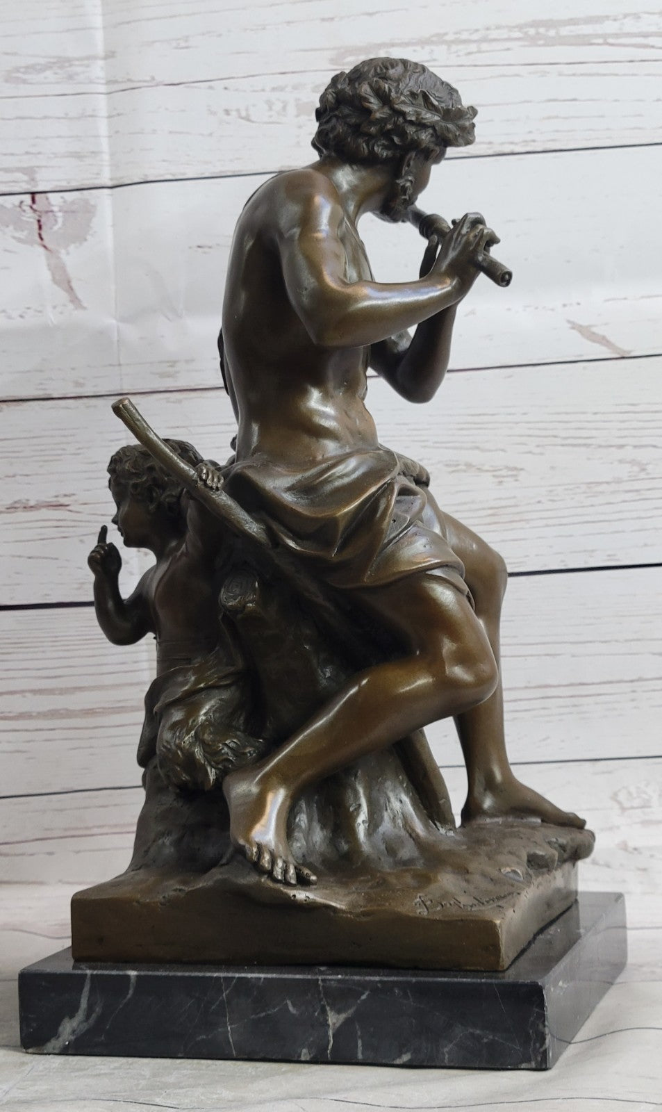 Genuine Bronze Statue - Shepherd and Satyr Boy Sculpture by Pan and Infant Faun