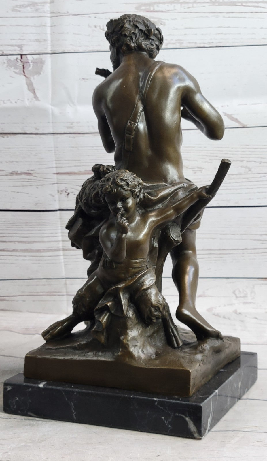 Genuine Bronze Statue - Shepherd and Satyr Boy Sculpture by Pan and Infant Faun