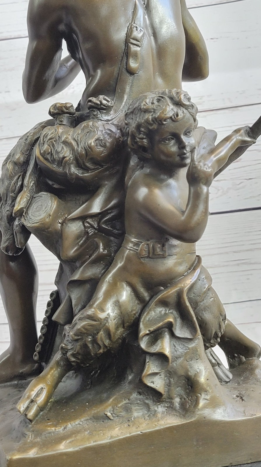 Genuine Bronze Statue - Shepherd and Satyr Boy Sculpture by Pan and Infant Faun