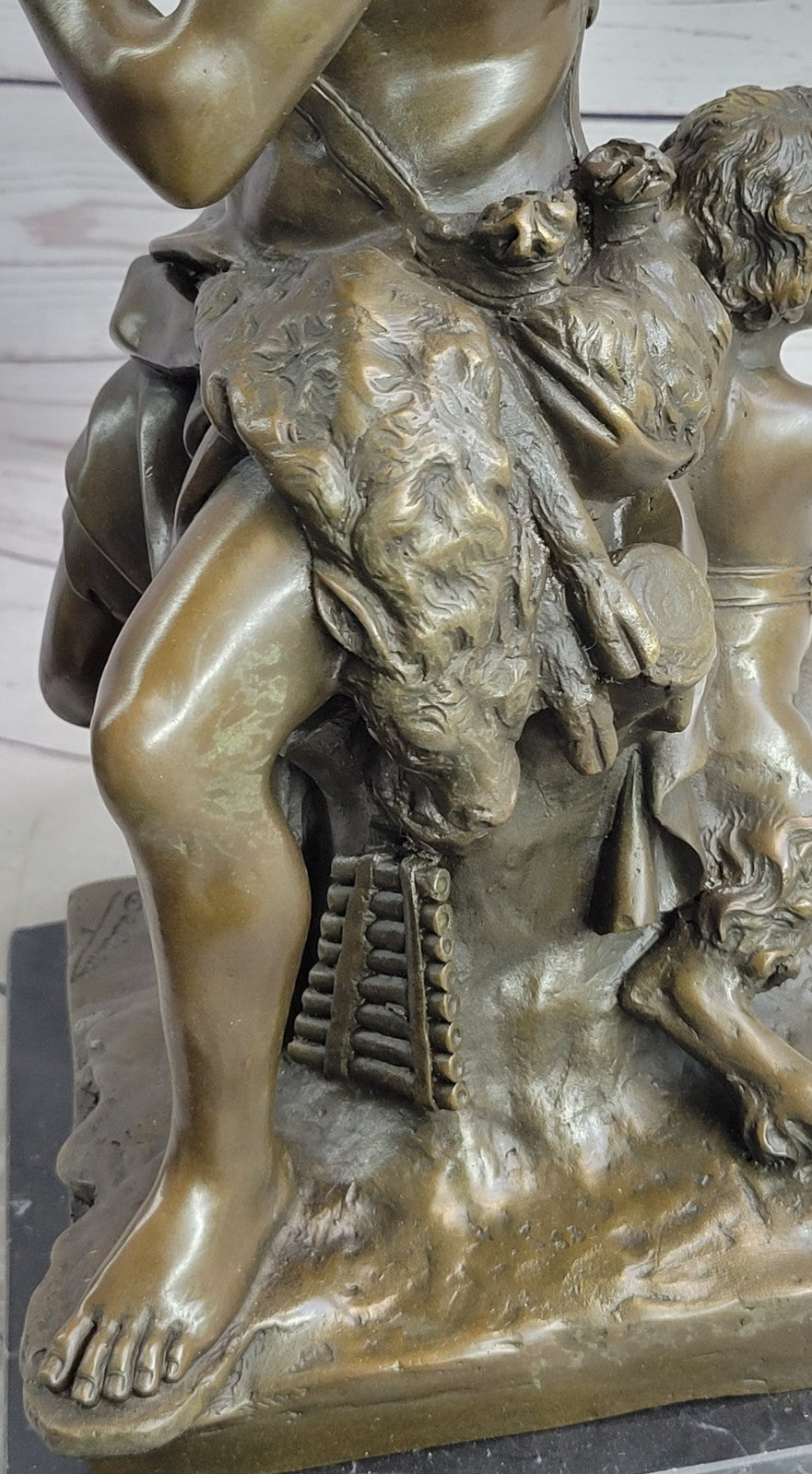 Genuine Bronze Statue - Shepherd and Satyr Boy Sculpture by Pan and Infant Faun