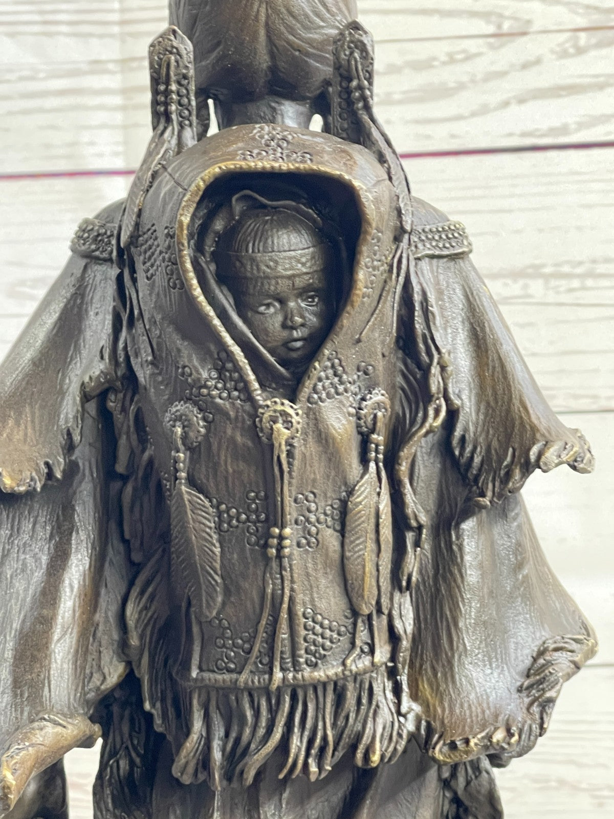 Exquisite Mario Nick Bronze Sculpture of Native American Woman with Baby in Traditional Outfit