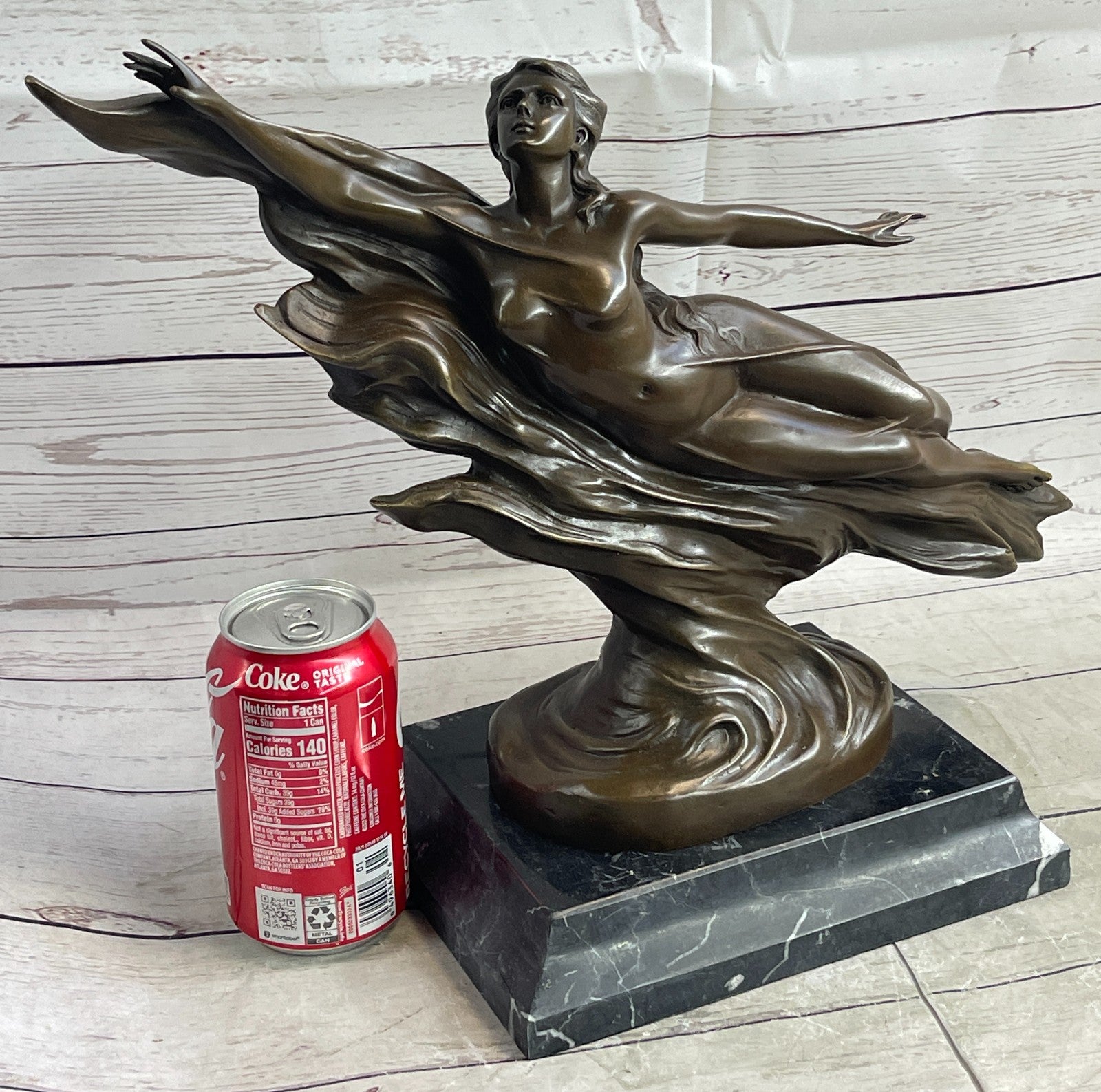 Handcrafted Detailed Nude Gorgeous Nymph Bronze Sculpture Marble Base Figurine