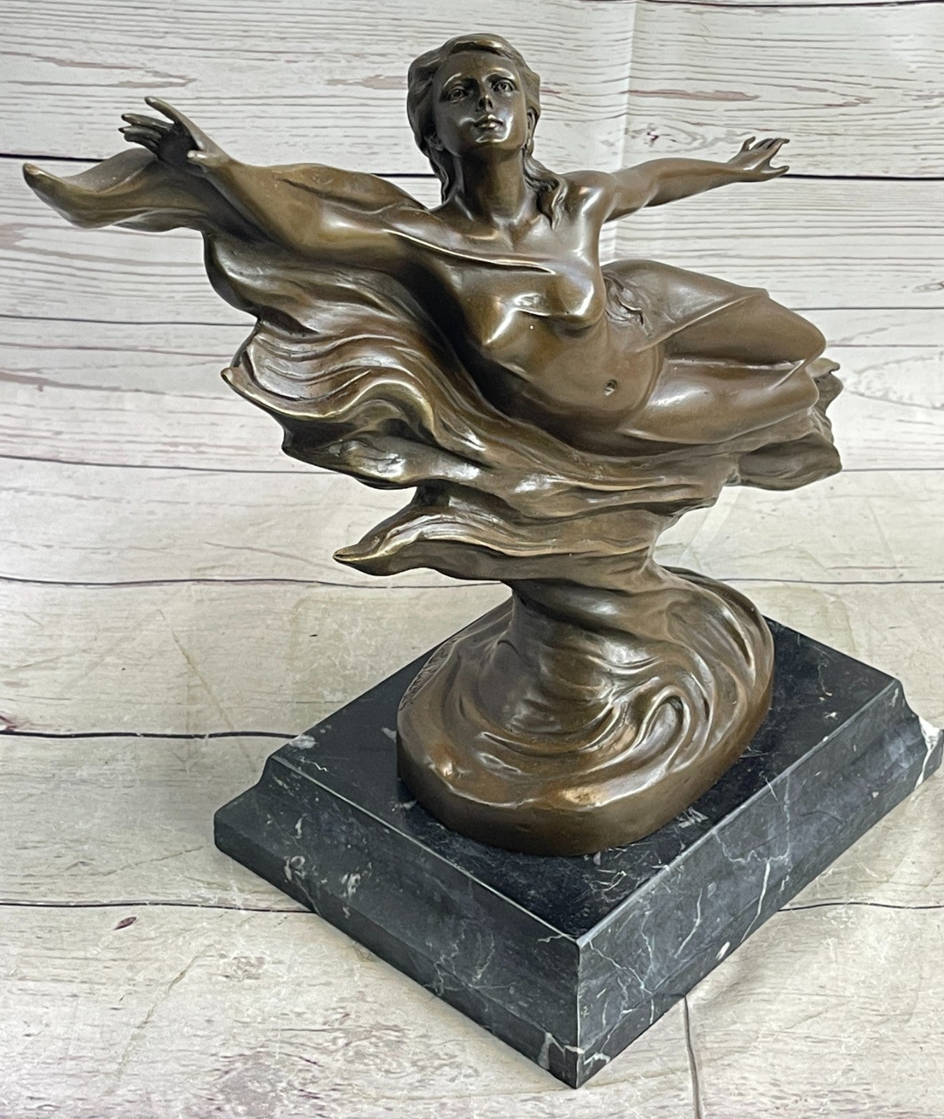 Handcrafted Detailed Nude Gorgeous Nymph Bronze Sculpture Marble Base Figurine