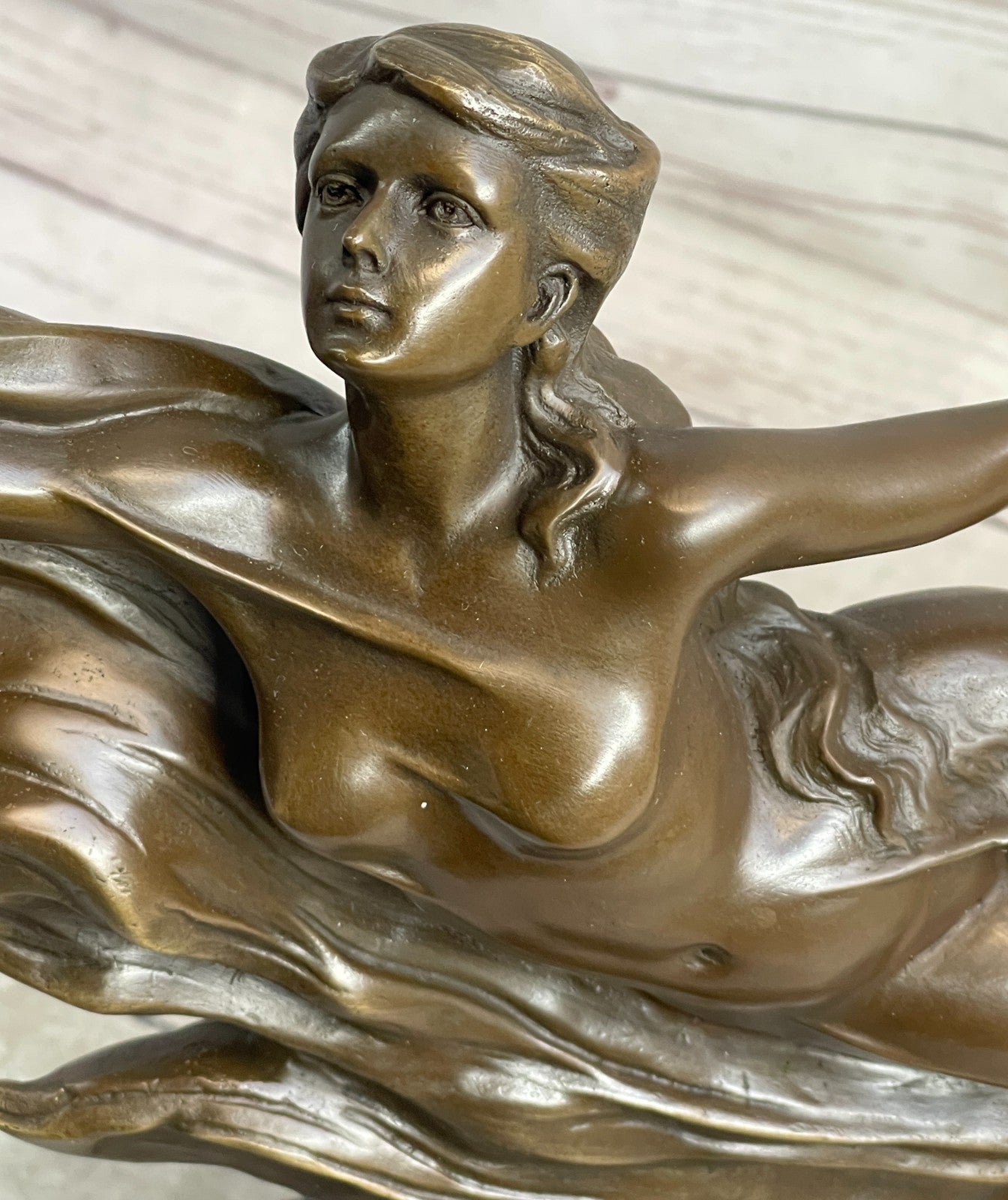 Handcrafted Detailed Nude Gorgeous Nymph Bronze Sculpture Marble Base Figurine