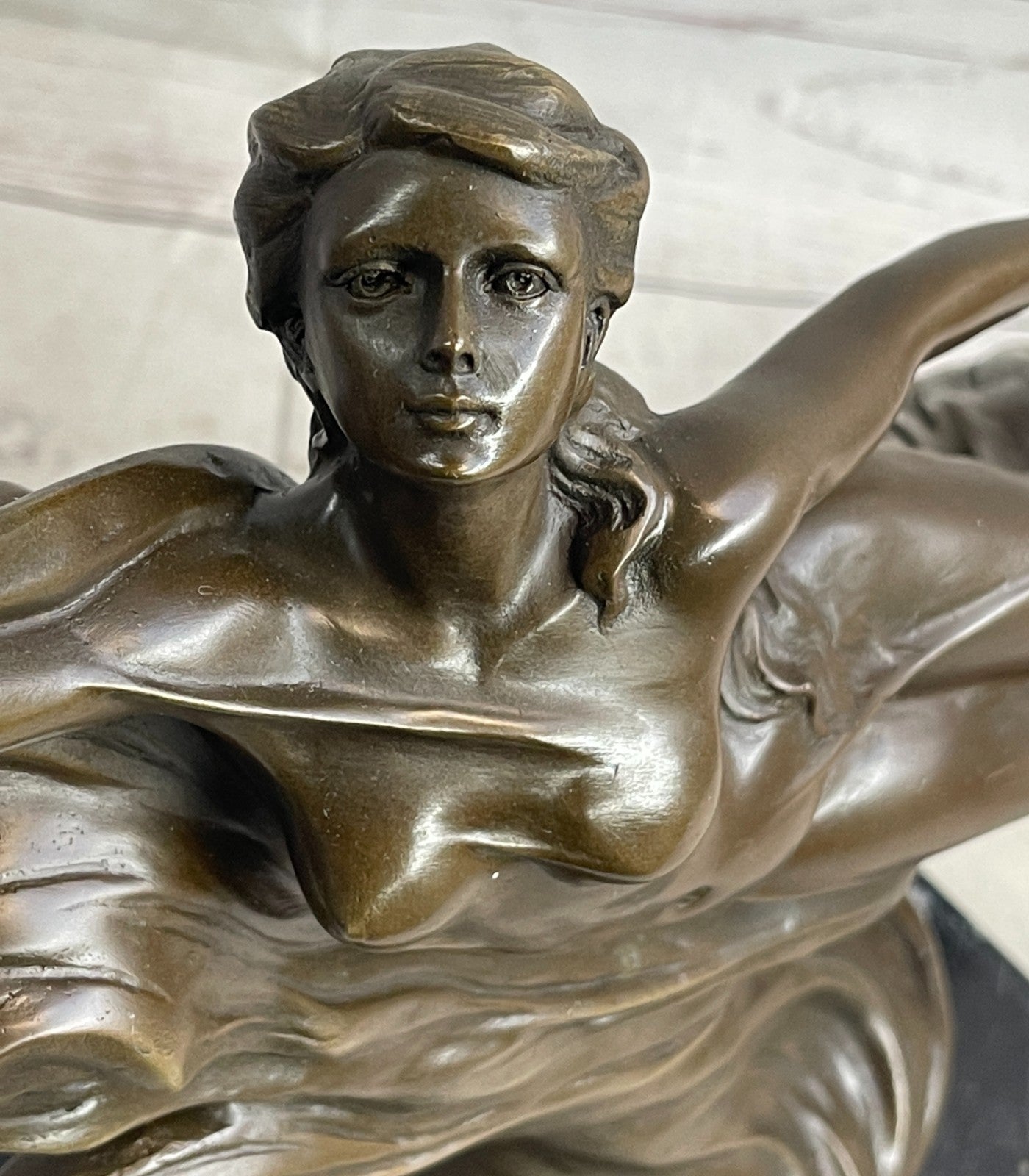 Handcrafted Detailed Nude Gorgeous Nymph Bronze Sculpture Marble Base Figurine