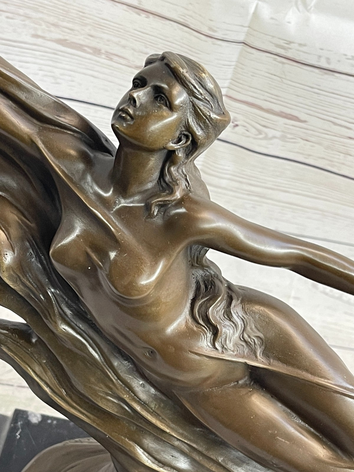 Handcrafted Detailed Nude Gorgeous Nymph Bronze Sculpture Marble Base Figurine