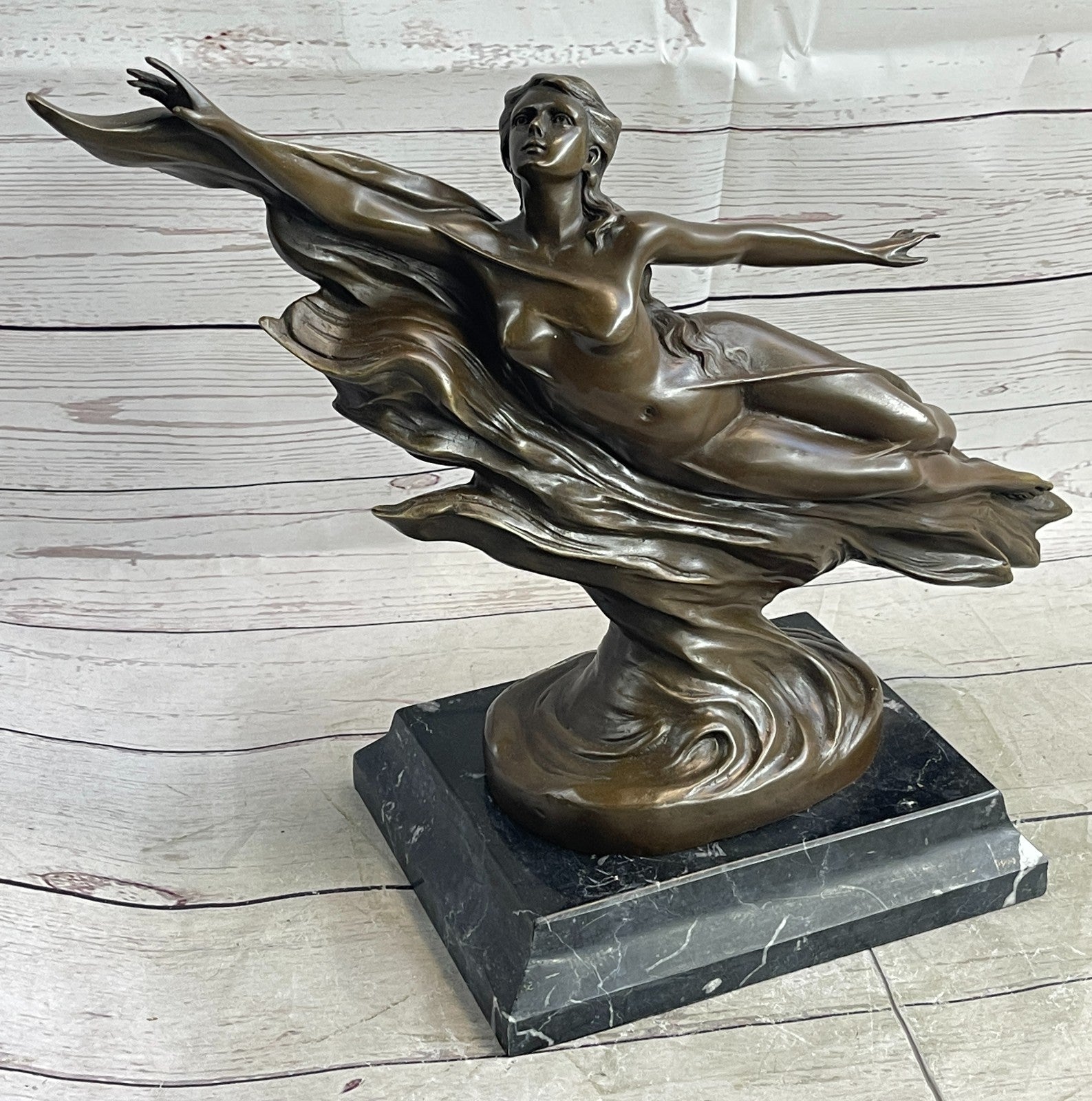 Handcrafted Detailed Nude Gorgeous Nymph Bronze Sculpture Marble Base Figurine