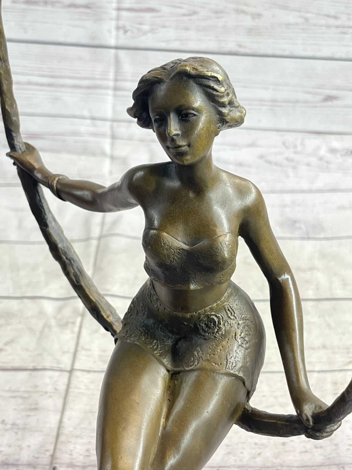 Art Deco Sculpture Beautiful Woman Girl Swing Bronze Statue Figurine Signed