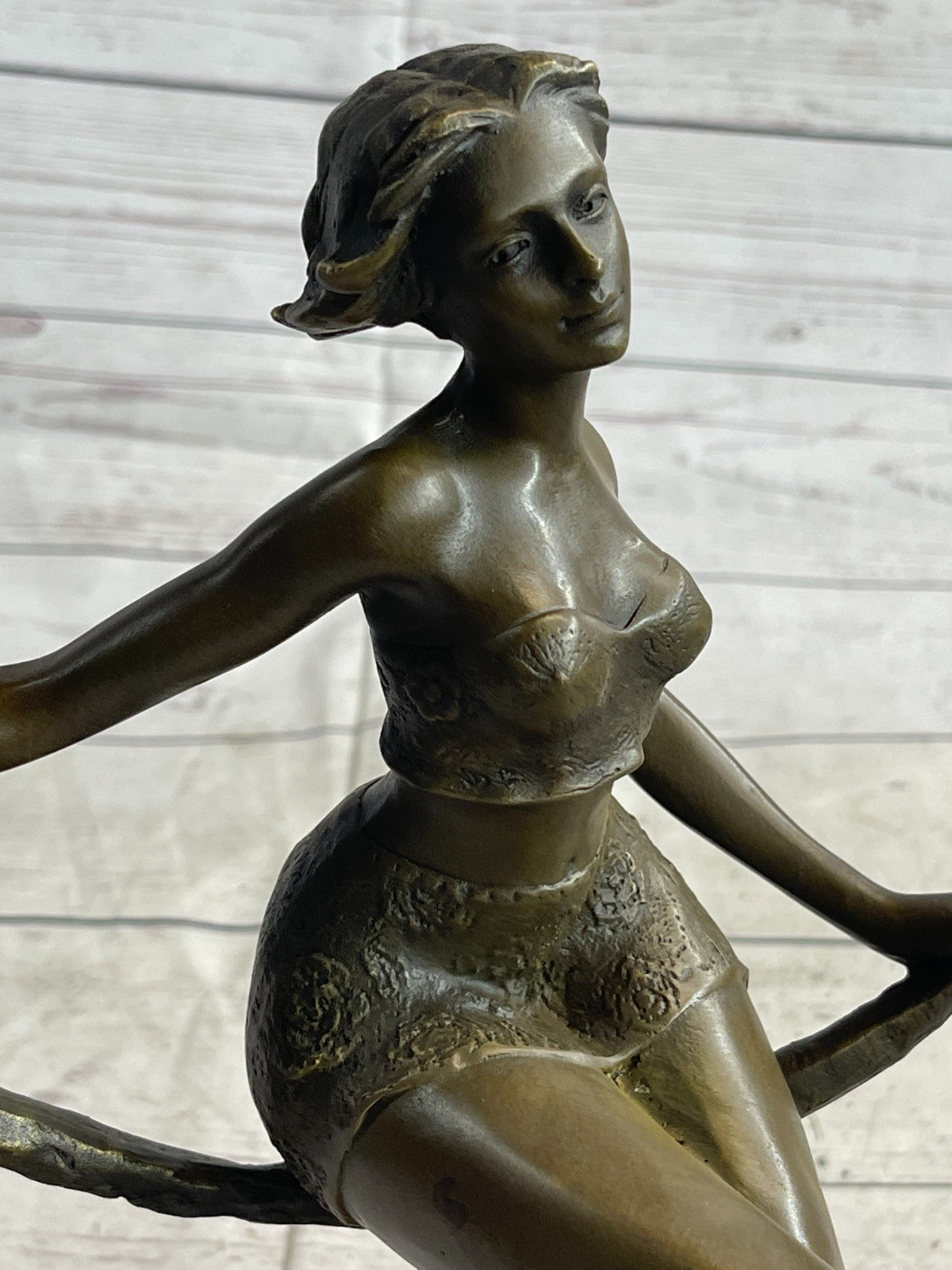 Art Deco Sculpture Beautiful Woman Girl Swing Bronze Statue Figurine Signed