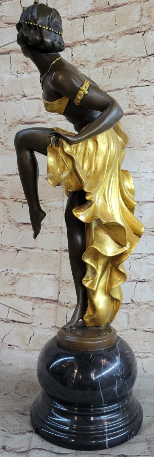 Art Nouveau Deco Gypsy Gold Patina Dancer Bronze Sculpture Marble Statue