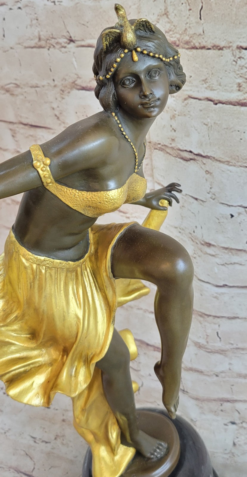 Art Nouveau Deco Gypsy Gold Patina Dancer Bronze Sculpture Marble Statue