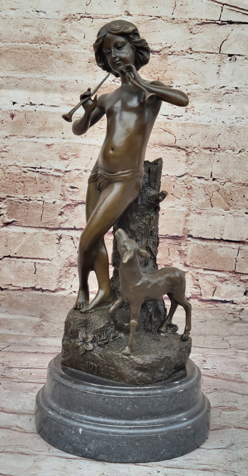 Joaquin Angles Idylle Bronze Sculpture: Boy and Lamb Playing Flute, Fine Artwork