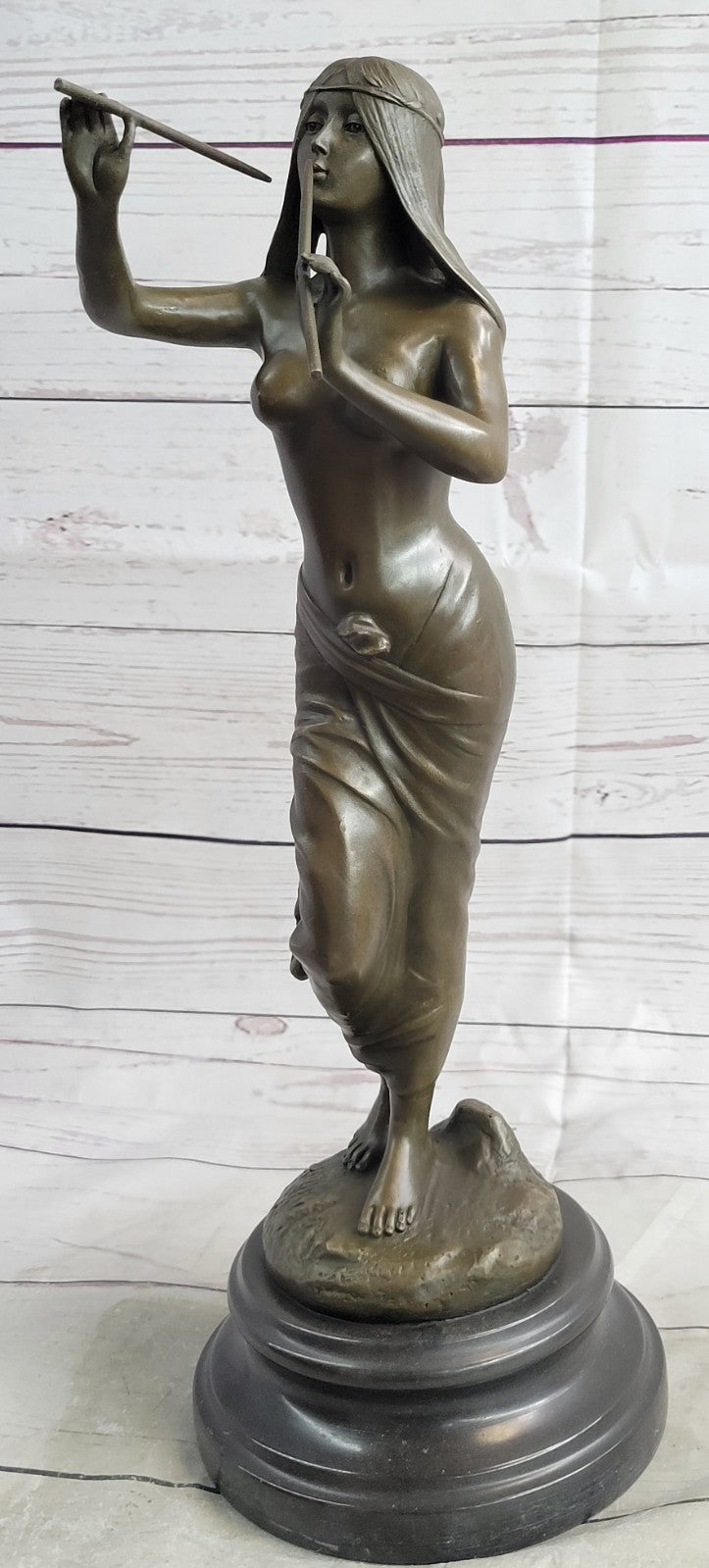 Striking Hot Cast Bronze Figurine of an Indian Girl Playing Flute by J. Angles