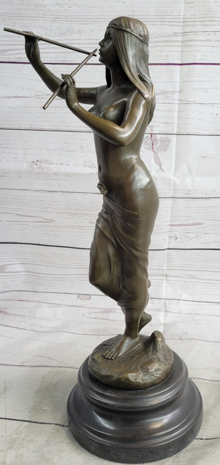 Striking Hot Cast Bronze Figurine of an Indian Girl Playing Flute by J. Angles