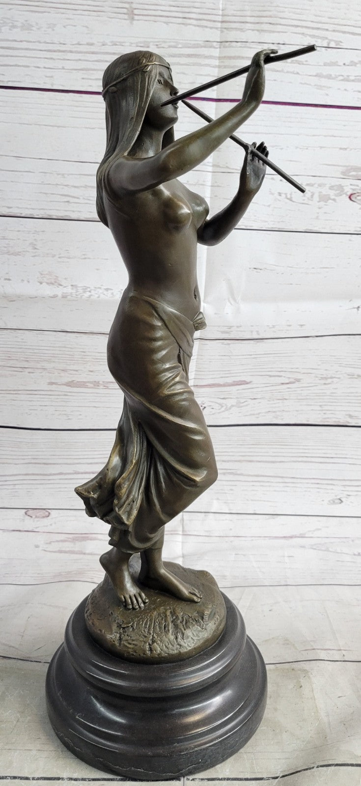 Striking Hot Cast Bronze Figurine of an Indian Girl Playing Flute by J. Angles