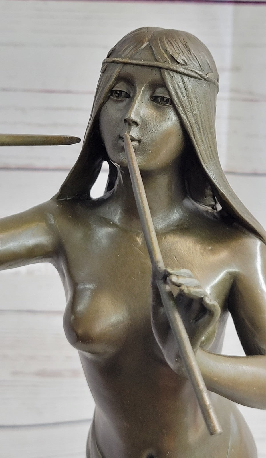 Striking Hot Cast Bronze Figurine of an Indian Girl Playing Flute by J. Angles