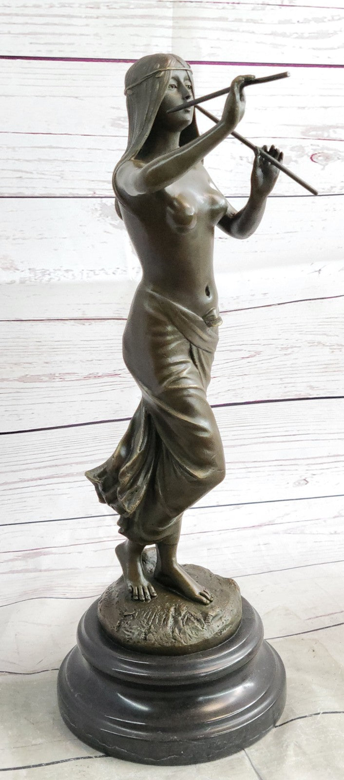 Striking Hot Cast Bronze Figurine of an Indian Girl Playing Flute by J. Angles
