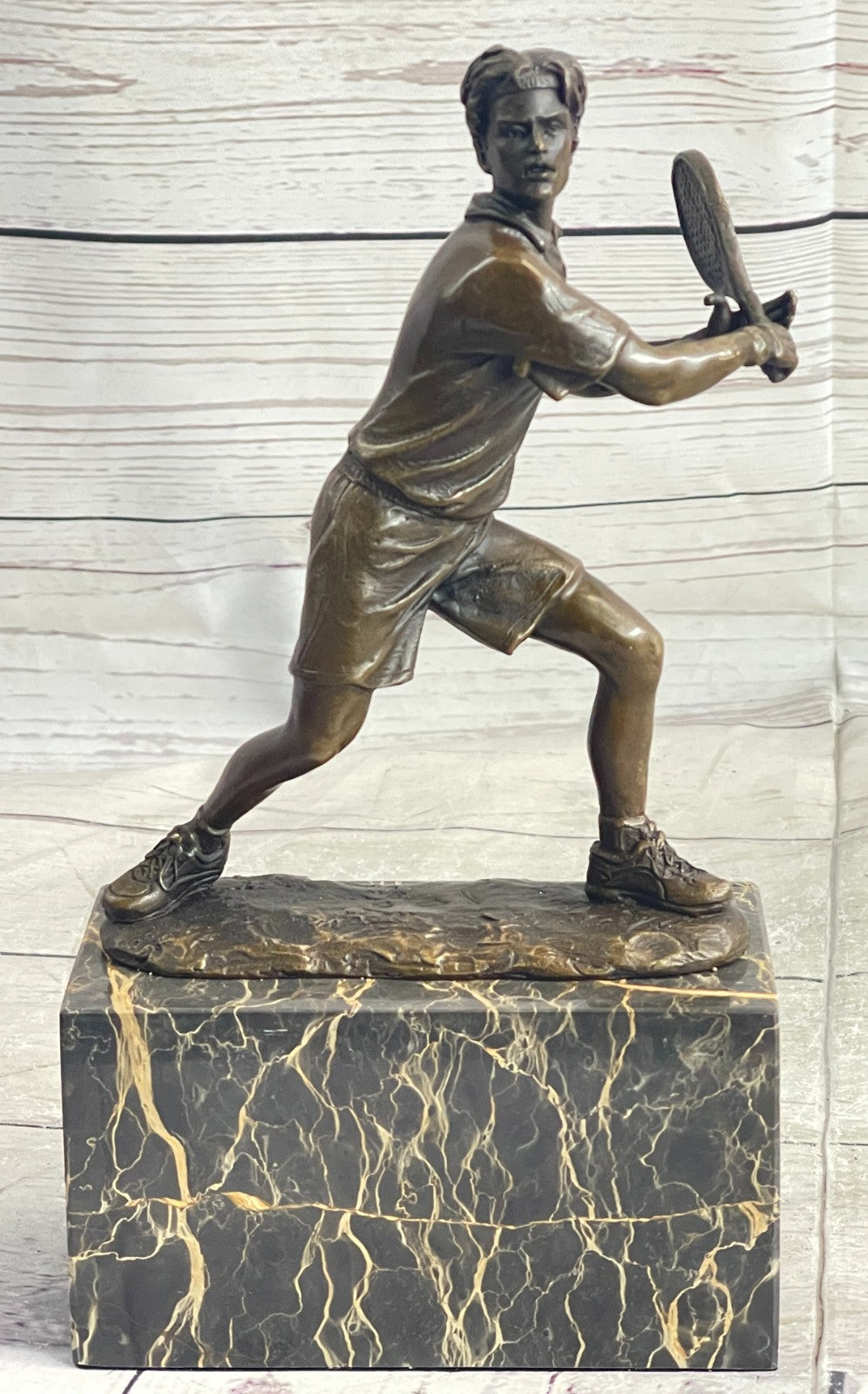 Rare Fine Vintage Bronze Signed Sculpture Statue Tennis Player Marble Base GIFT