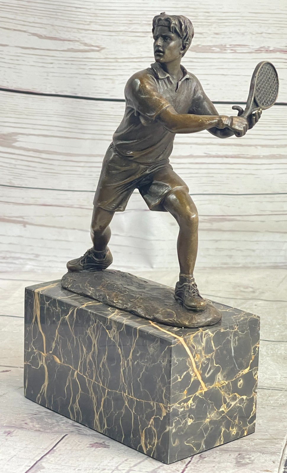 Rare Fine Vintage Bronze Signed Sculpture Statue Tennis Player Marble Base GIFT