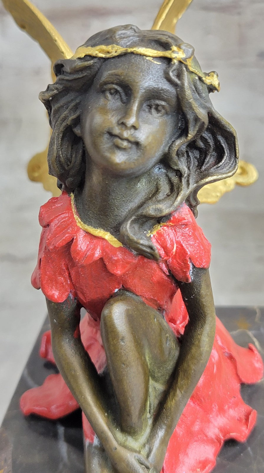 Graceful Butterfly Angel Sculpture on Brown Marble Base Handmade Bronze Masterpiece