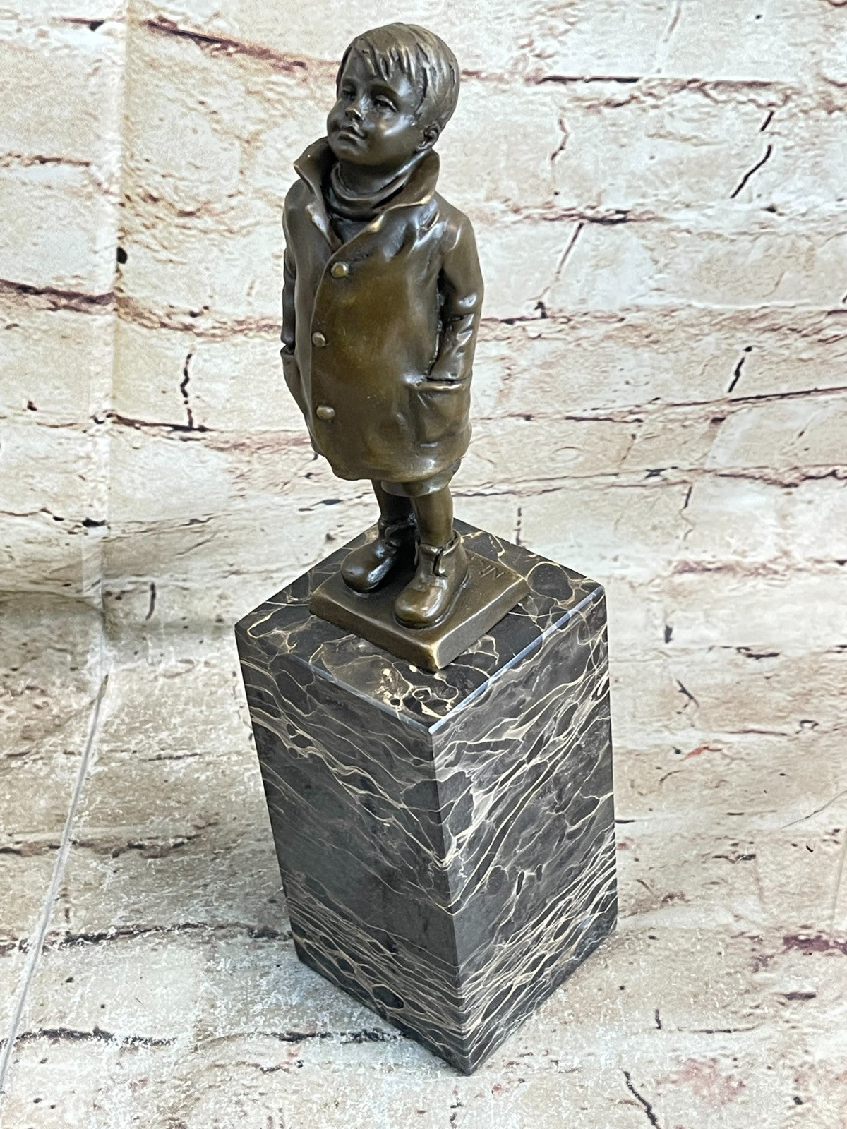 Vintage Signed Child Boy Bronze Sculpture Figurine Figure Cast Children Statue T