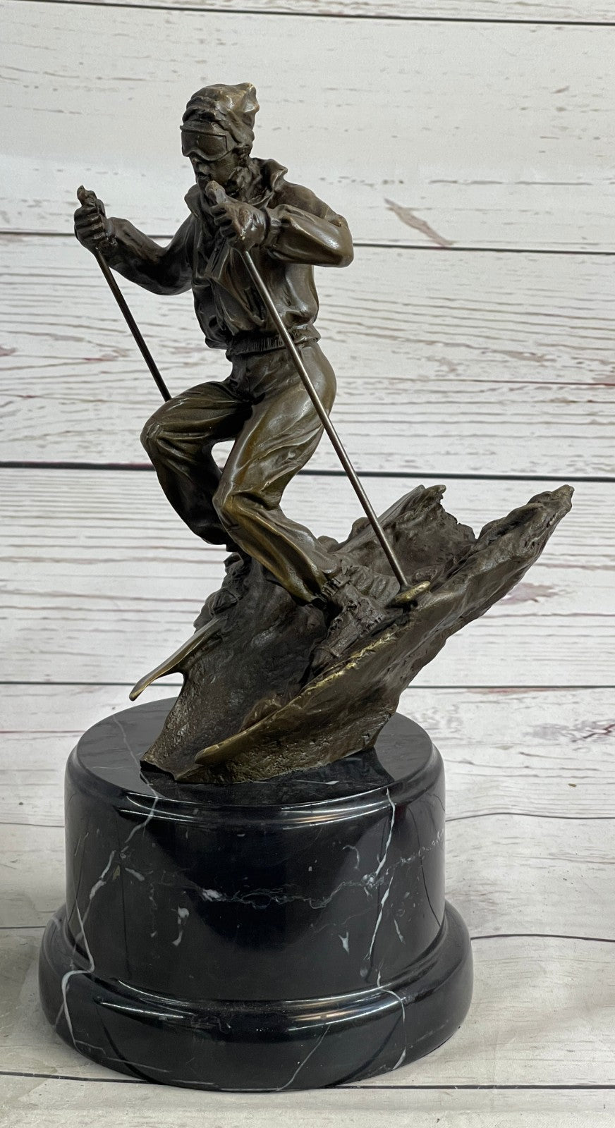 Signed: NICK Bronze Sculpture skier men skiiing snow ski sports Statue Figurine