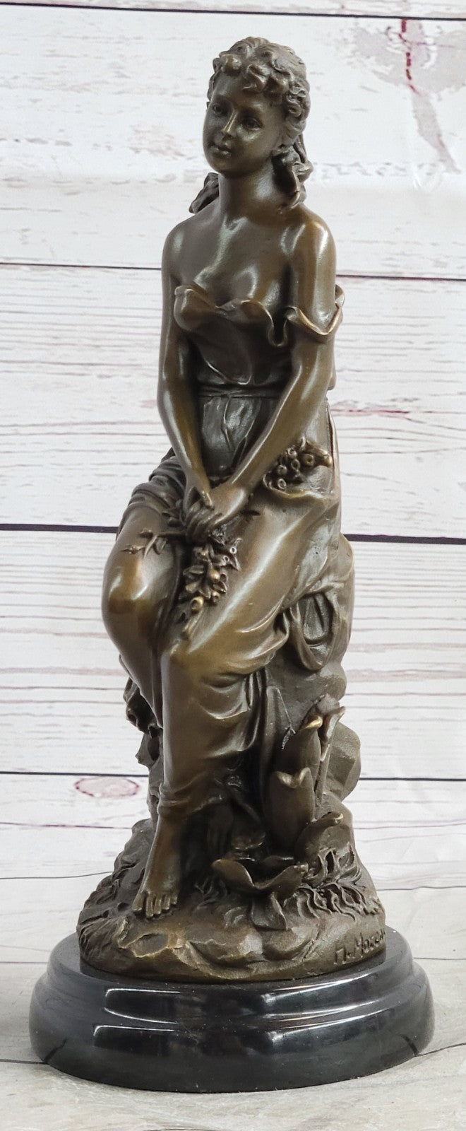 Mid Century French Bronze 11" Neoclassical sculpture of a maiden with Flowers NR