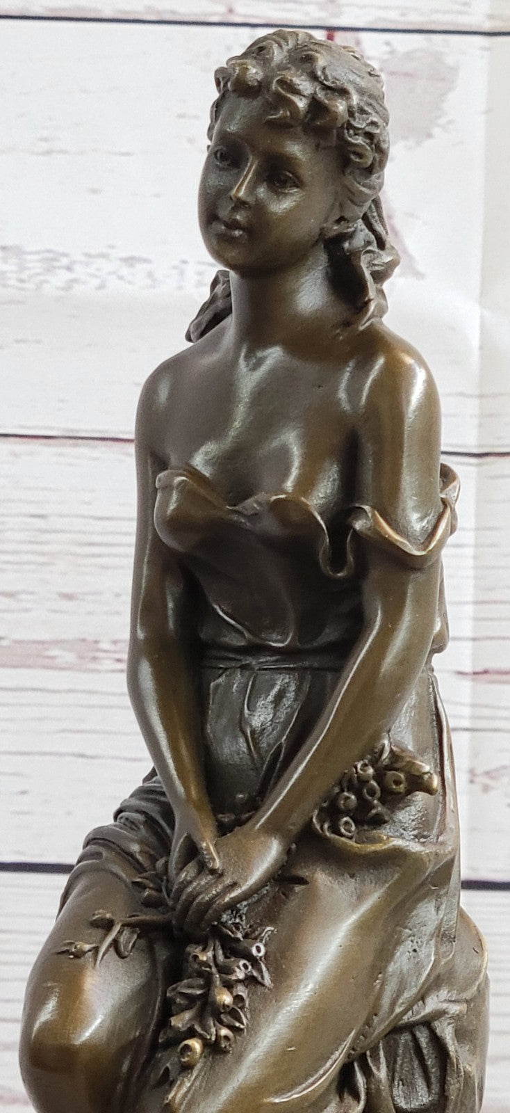 Mid Century French Bronze 11" Neoclassical sculpture of a maiden with Flowers NR