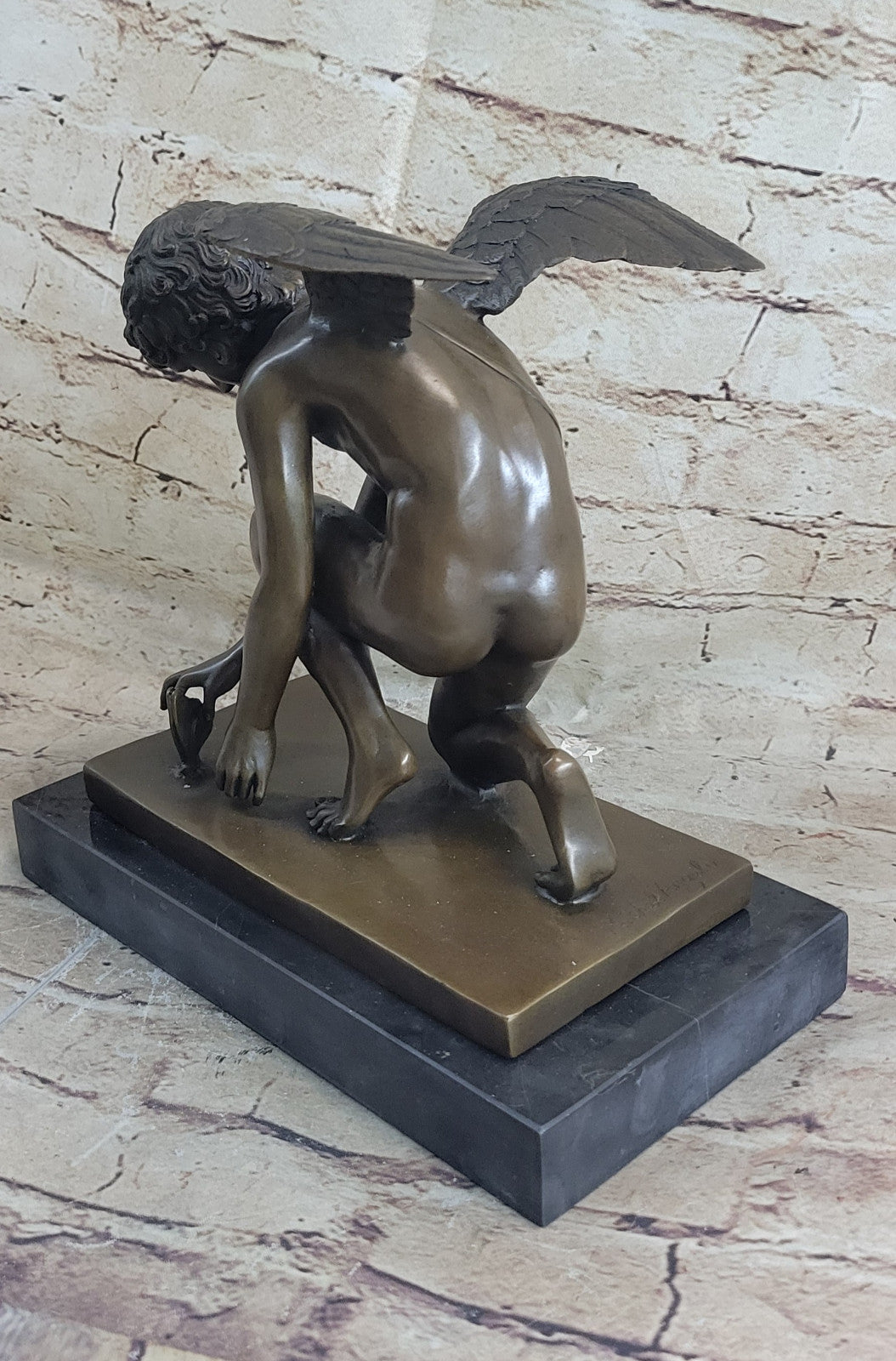 NUDE MALE GUARDIAN ANGEL Winged Sculpture Statue Antique 100% Real Bronze