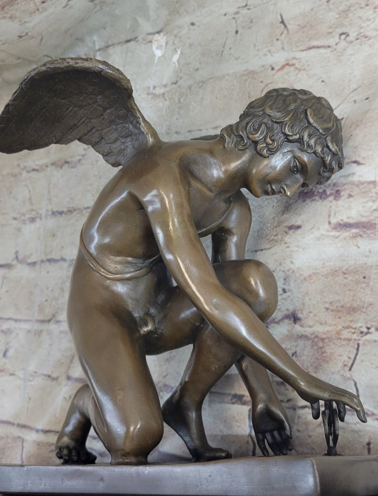 NUDE MALE GUARDIAN ANGEL Winged Sculpture Statue Antique 100% Real Bronze