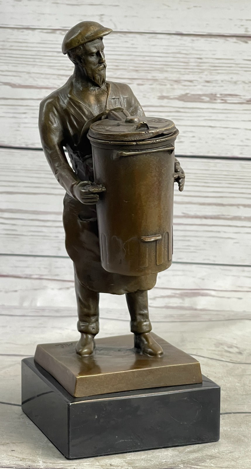 BRONZE FOUNDRY WORKER W/LARGE CAN HAND MADE SCULPTURE HOME OFFICE DECORATION