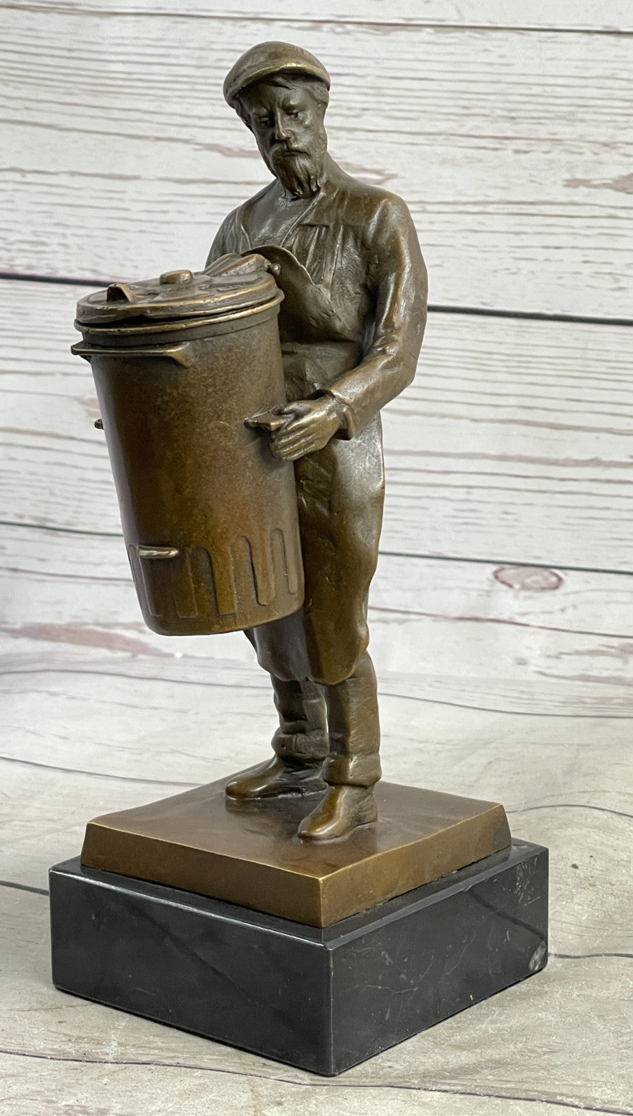 BRONZE FOUNDRY WORKER W/LARGE CAN HAND MADE SCULPTURE HOME OFFICE DECORATION