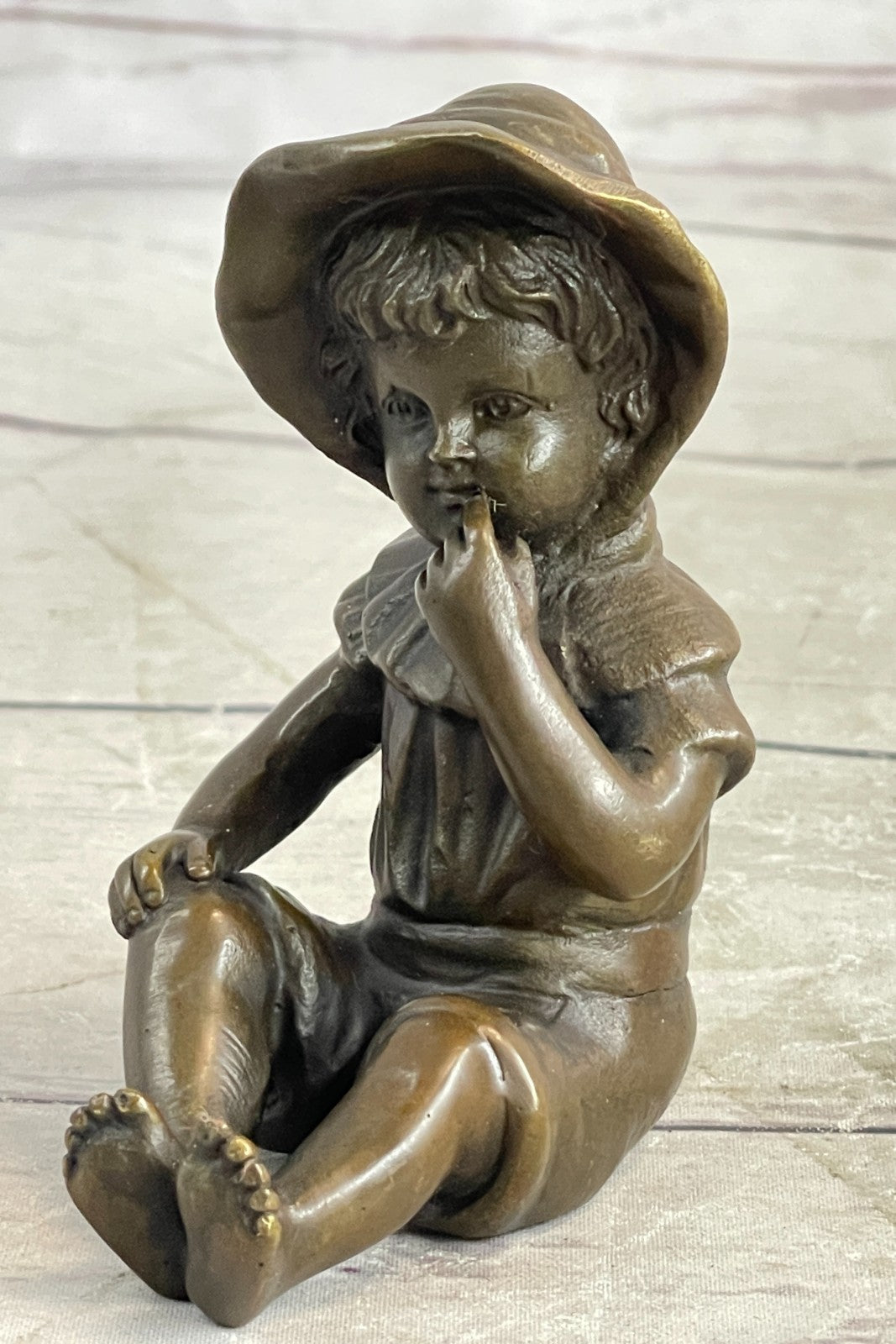 Milo`s Baby Girl with Hat - Handcrafted Bronze Statue by Miguel Lopez, Signed Artwork, Gift