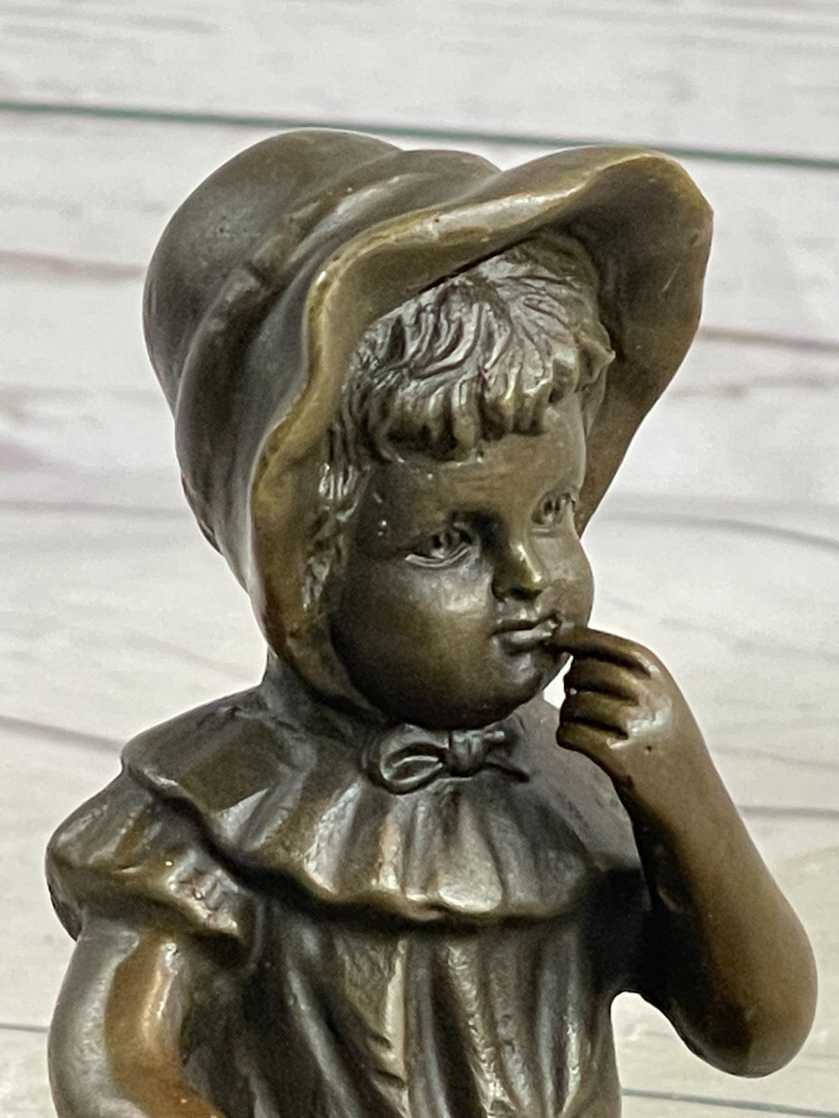 Milo`s Baby Girl with Hat - Handcrafted Bronze Statue by Miguel Lopez, Signed Artwork, Gift