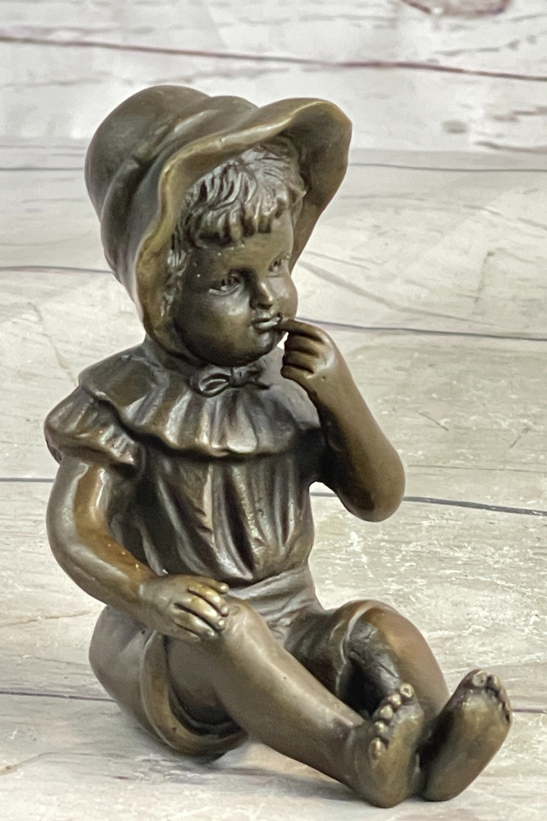 Milo's Baby Girl with Hat - Handcrafted Bronze Statue by Miguel Lopez, Signed Artwork, Gift