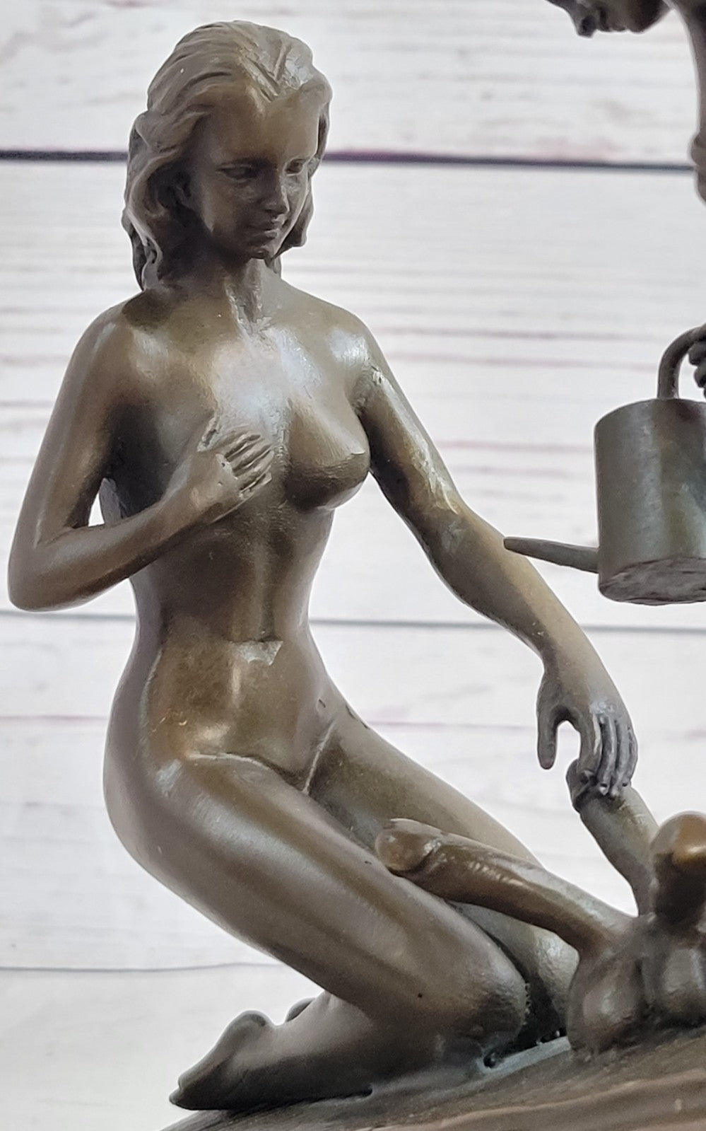 Provocative Bronze Artwork: Sensuous Nude Girl Tending to Growing Erotic Plant Statue