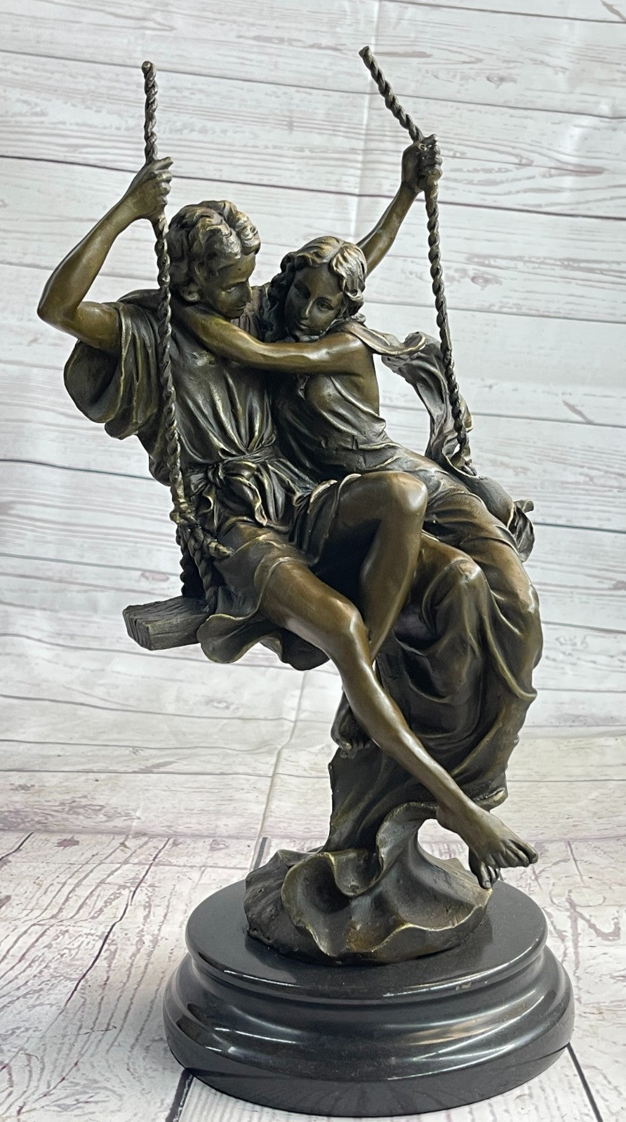 BRONZE COUPLE SITTING ON SWING SCULPTURE HOME OFFICE DECORATION DECOR GIFT