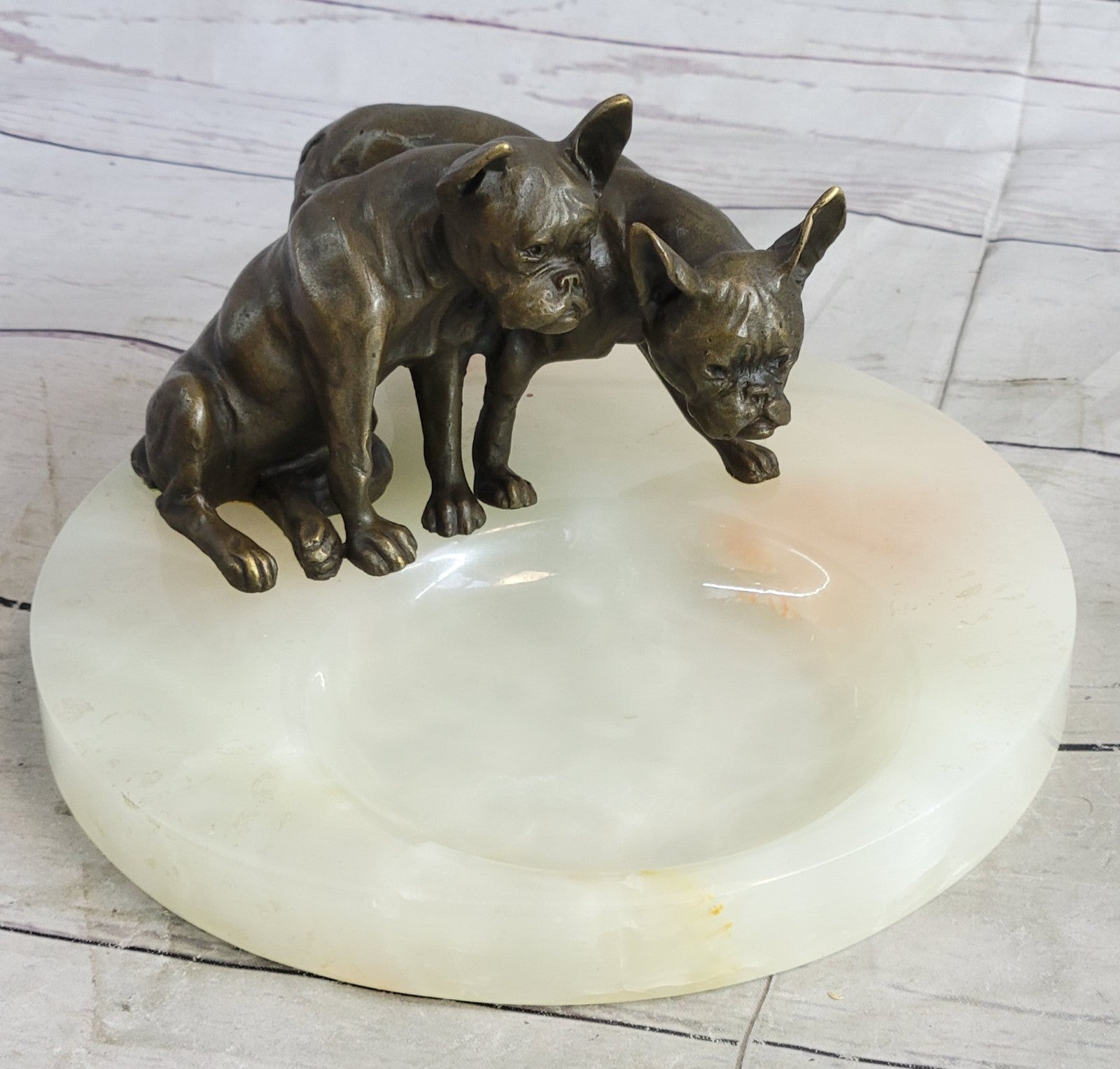 VINTAGE BRONZE DOG WHITE ONYX TRINKET HOLDER ASHTRAY 8`` WIDE HOME OFFICE DECO