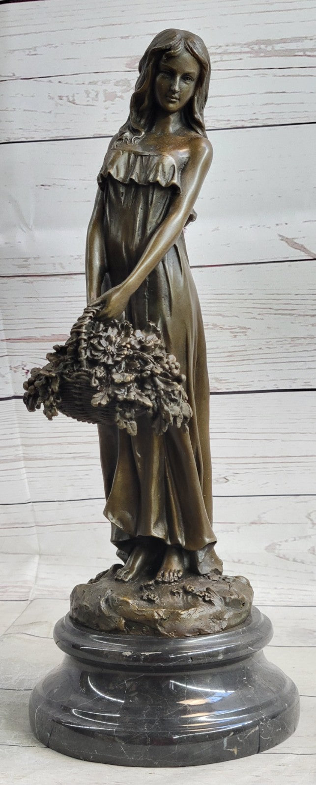 Mario Nick`s Stunning Bronze Sculpture: Graceful Woman with Flower Basket Figurine