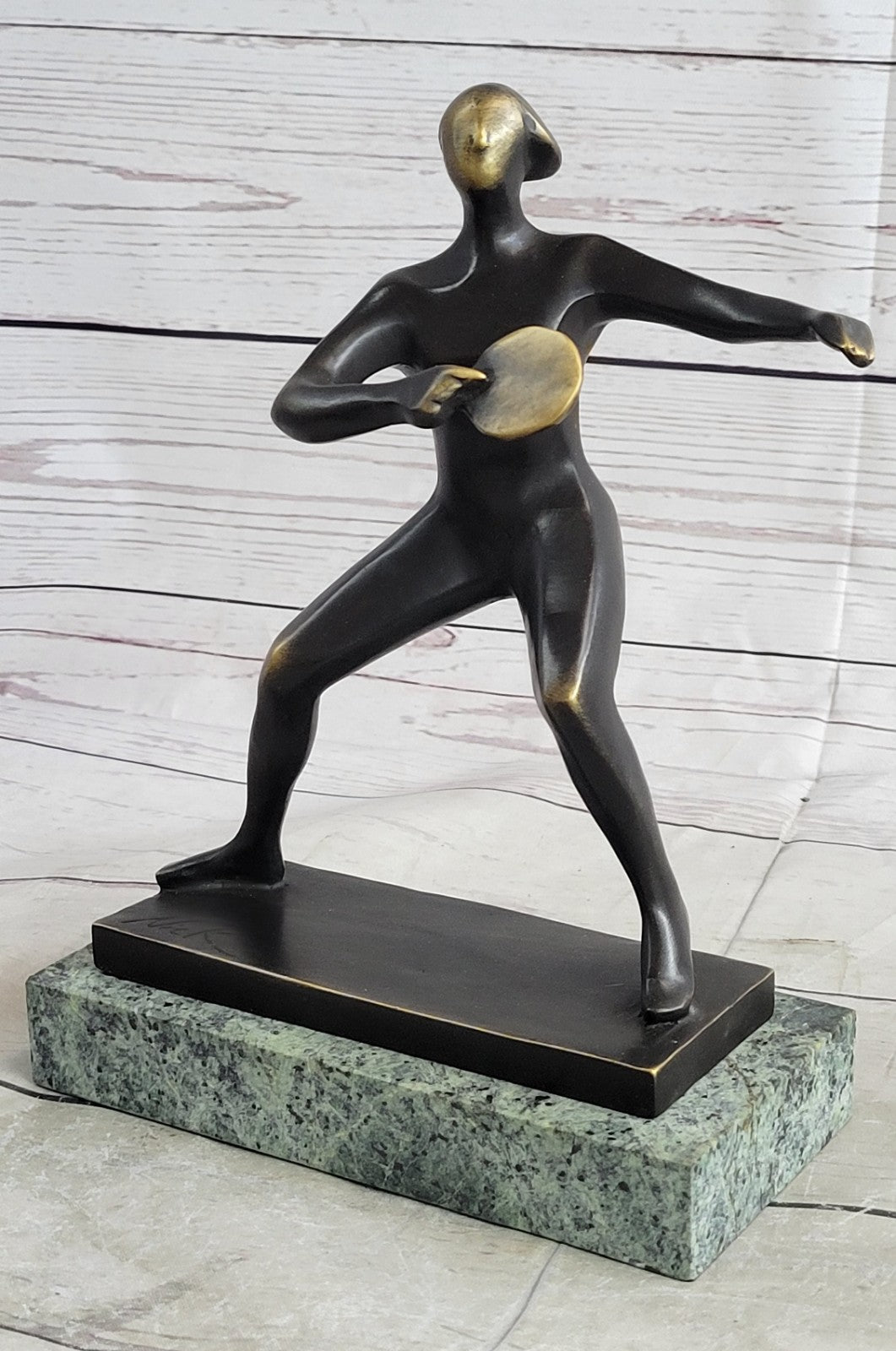 100% Solid Bronze Woman Girl Ping Pong Player with Green Marble Base Signed