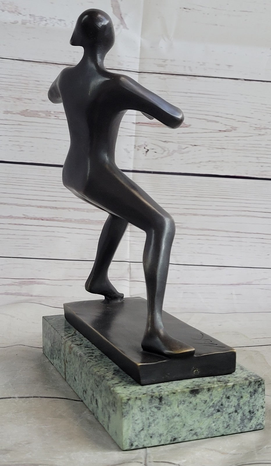 100% Solid Bronze Woman Girl Ping Pong Player with Green Marble Base Signed