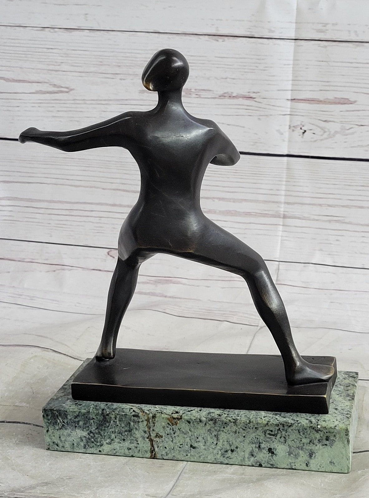 100% Solid Bronze Woman Girl Ping Pong Player with Green Marble Base Signed