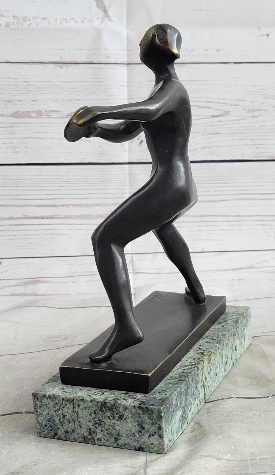 100% Solid Bronze Woman Girl Ping Pong Player with Green Marble Base Signed